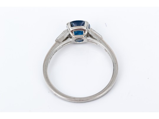 Tiffany & Co. Platinum Lovely Vintage Blue Sapphire And Baguette Diamond Ring, Size 6
