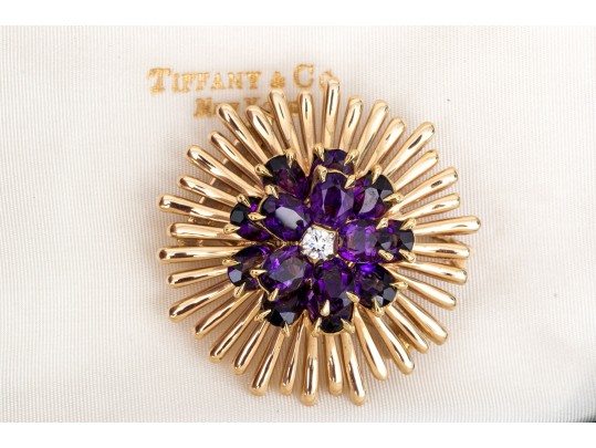 Tiffany & Co. 14k Yellow Gold Stunning Amethyst And Diamond Cluster Set Fur Clip