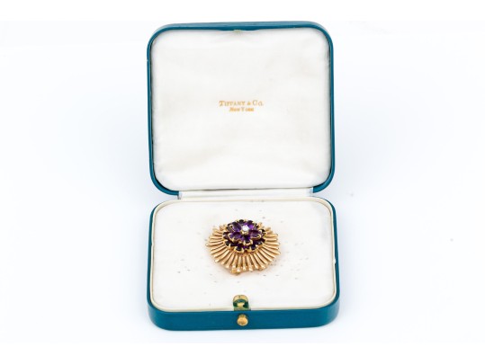 Tiffany & Co. 14k Yellow Gold Stunning Amethyst And Diamond Cluster Set Fur Clip