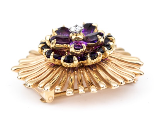 Tiffany & Co. 14k Yellow Gold Stunning Amethyst And Diamond Cluster Set Fur Clip