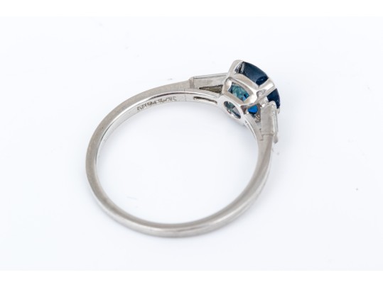 Tiffany & Co. Platinum Lovely Vintage Blue Sapphire And Baguette Diamond Ring, Size 6