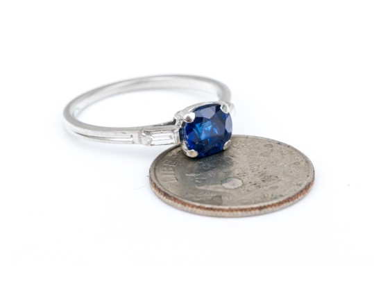 Tiffany & Co. Platinum Lovely Vintage Blue Sapphire And Baguette Diamond Ring, Size 6