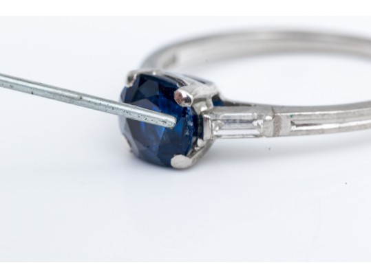 Tiffany & Co. Platinum Lovely Vintage Blue Sapphire And Baguette Diamond Ring, Size 6