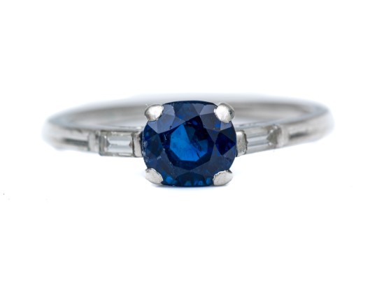 Tiffany & Co. Platinum Lovely Vintage Blue Sapphire And Baguette Diamond Ring, Size 6