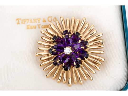 Tiffany & Co. 14k Yellow Gold Stunning Amethyst And Diamond Cluster Set Fur Clip