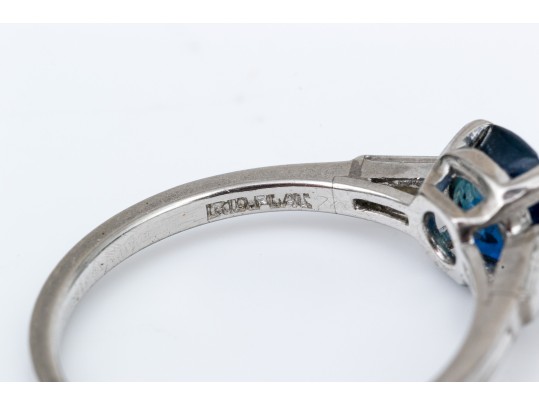 Tiffany & Co. Platinum Lovely Vintage Blue Sapphire And Baguette Diamond Ring, Size 6