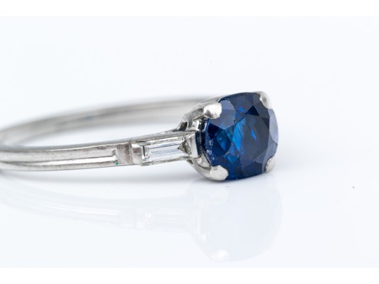 Tiffany & Co. Platinum Lovely Vintage Blue Sapphire And Baguette Diamond Ring, Size 6