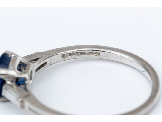 Tiffany & Co. Platinum Lovely Vintage Blue Sapphire And Baguette Diamond Ring, Size 6