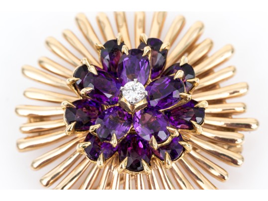 Tiffany & Co. 14k Yellow Gold Stunning Amethyst And Diamond Cluster Set Fur Clip