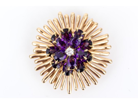 Tiffany & Co. 14k Yellow Gold Stunning Amethyst And Diamond Cluster Set Fur Clip