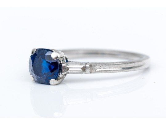 Tiffany & Co. Platinum Lovely Vintage Blue Sapphire And Baguette Diamond Ring, Size 6