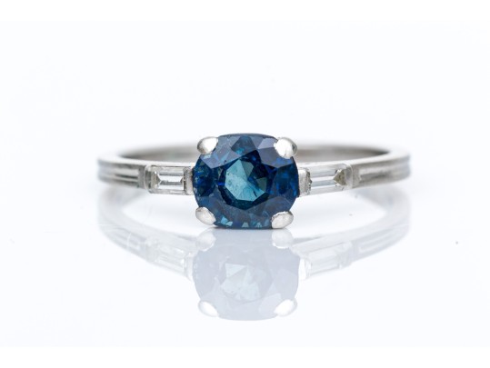 Tiffany & Co. Platinum Lovely Vintage Blue Sapphire And Baguette Diamond Ring, Size 6
