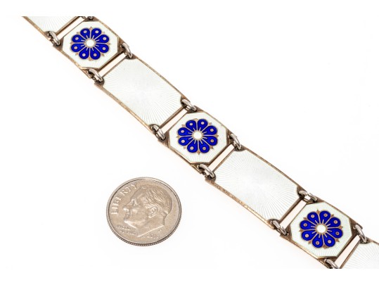 David Anderson Pretty Sterling Silver Blue Flower And White Guilloche Enamel Panel Bracelet