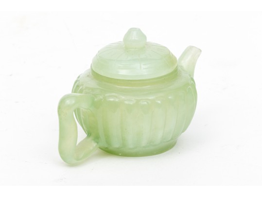 Chinese Miniature Carved Pale Green Stone Teapot