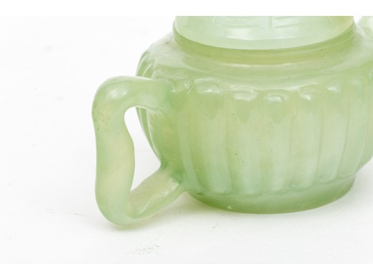 Chinese Miniature Carved Pale Green Stone Teapot