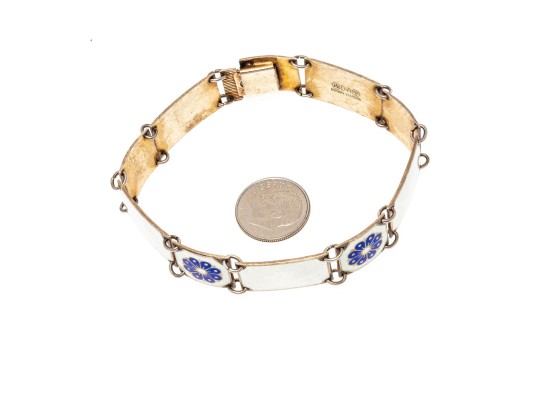 David Anderson Pretty Sterling Silver Blue Flower And White Guilloche Enamel Panel Bracelet