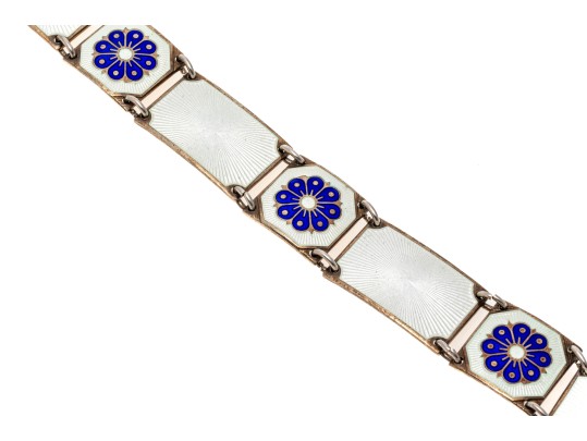 David Anderson Pretty Sterling Silver Blue Flower And White Guilloche Enamel Panel Bracelet