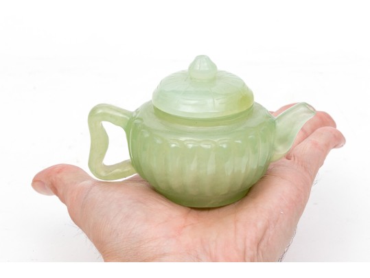 Chinese Miniature Carved Pale Green Stone Teapot