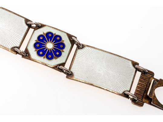 David Anderson Pretty Sterling Silver Blue Flower And White Guilloche Enamel Panel Bracelet
