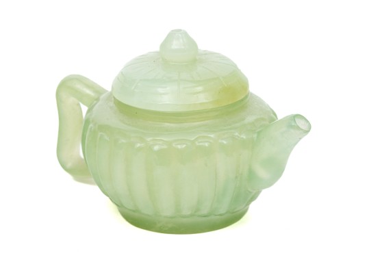 Chinese Miniature Carved Pale Green Stone Teapot