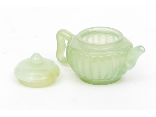 Chinese Miniature Carved Pale Green Stone Teapot