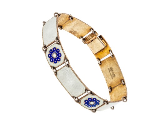 David Anderson Pretty Sterling Silver Blue Flower And White Guilloche Enamel Panel Bracelet
