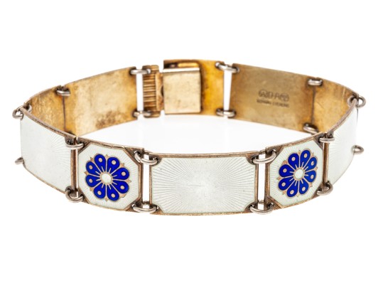 David Anderson Pretty Sterling Silver Blue Flower And White Guilloche Enamel Panel Bracelet