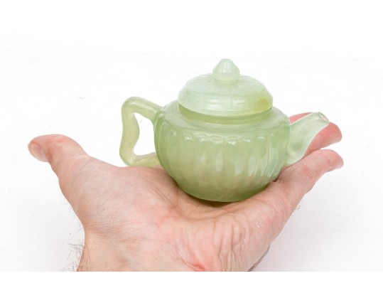 Chinese Miniature Carved Pale Green Stone Teapot