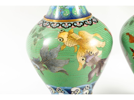 Pair Of Vintage Beijing, China Cloisonne Enamel Vases 