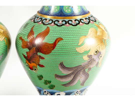 Pair Of Vintage Beijing, China Cloisonne Enamel Vases 