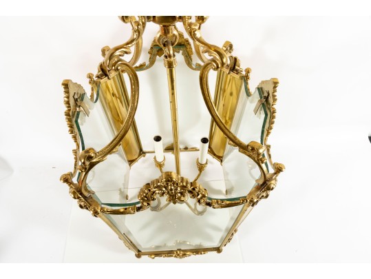 Large French  Brass Four Panel Chandelier 