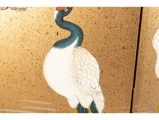 Early 20th Century Four Panel Chinese Crane Byobu Screen