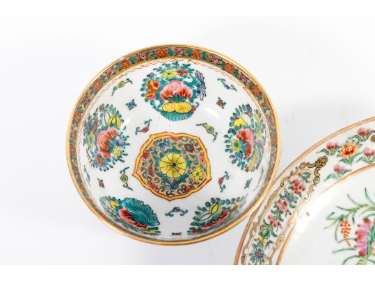 Early 1800's Canton China Porcelain Plate & Rice Bowl