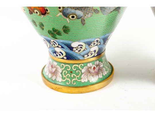 Pair Of Vintage Beijing, China Cloisonne Enamel Vases 