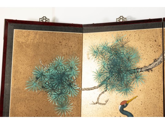 Early 20th Century Four Panel Chinese Crane Byobu Screen