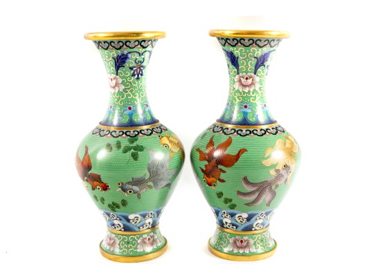Pair Of Vintage Beijing, China Cloisonne Enamel Vases 