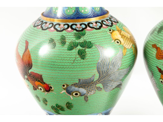 Pair Of Vintage Beijing, China Cloisonne Enamel Vases 