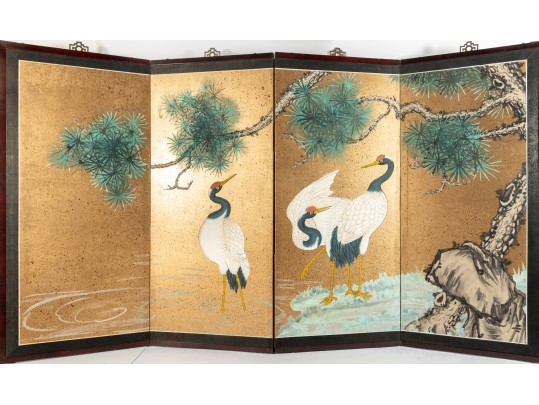 Early 20th Century Four Panel Chinese Crane Byobu Screen