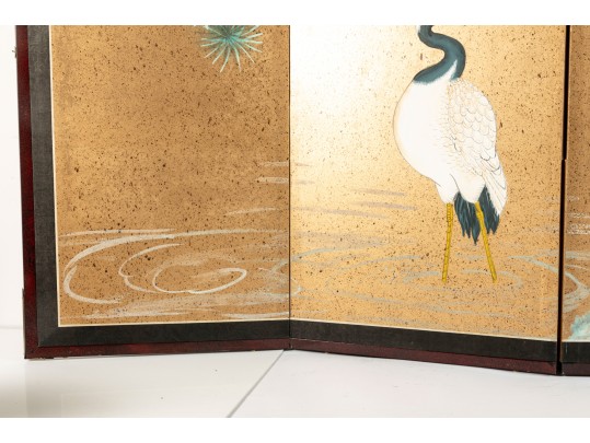 Early 20th Century Four Panel Chinese Crane Byobu Screen