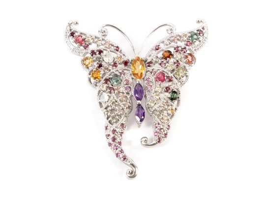Sterling Silver Butterfly Brooch With Amethyst & Citrine Stones