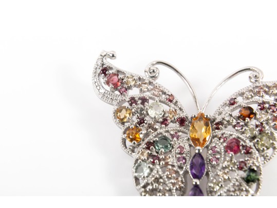 Sterling Silver Butterfly Brooch With Amethyst & Citrine Stones