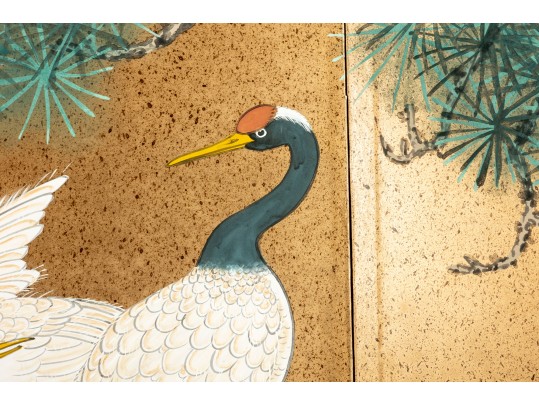 Early 20th Century Four Panel Chinese Crane Byobu Screen