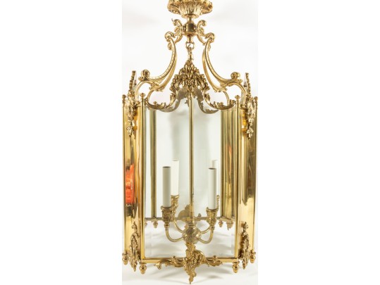 Large French  Brass Four Panel Chandelier 
