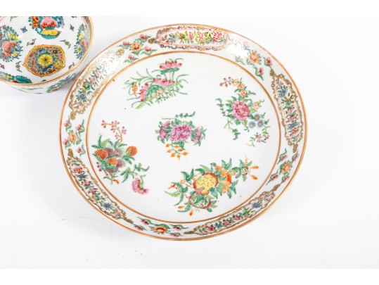 Early 1800's Canton China Porcelain Plate & Rice Bowl