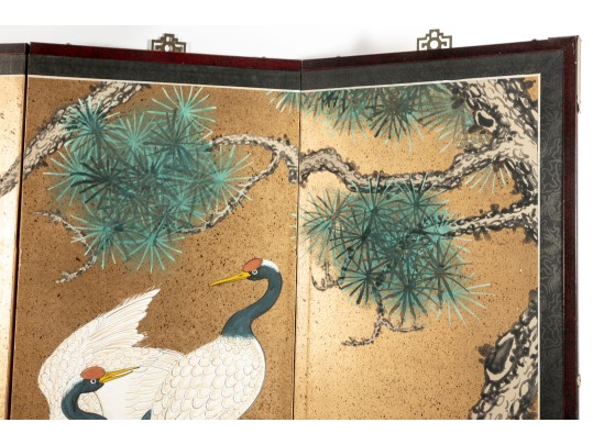 Early 20th Century Four Panel Chinese Crane Byobu Screen