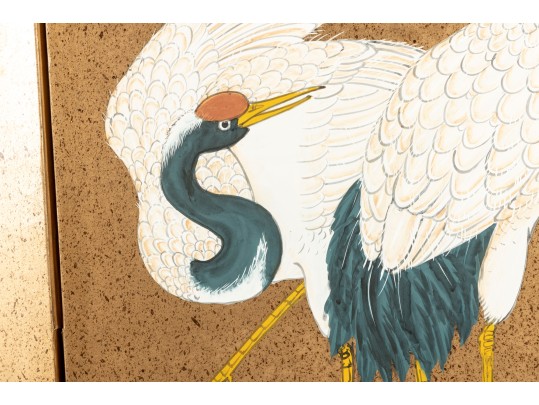 Early 20th Century Four Panel Chinese Crane Byobu Screen