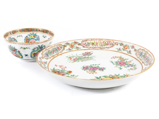 Early 1800's Canton China Porcelain Plate & Rice Bowl