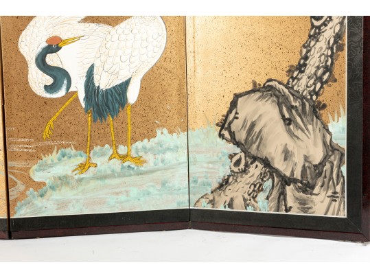 Early 20th Century Four Panel Chinese Crane Byobu Screen