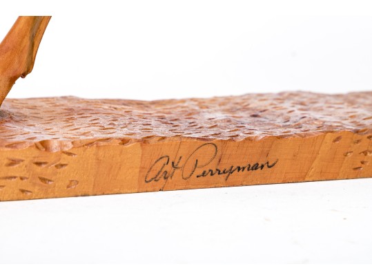 Art Perryman Signed Wood Carving Of A Stag Leaping With Base