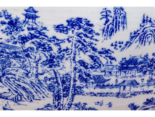 Large Blue And White Asian Porcelain Koi Jardiniere On Wood Stand